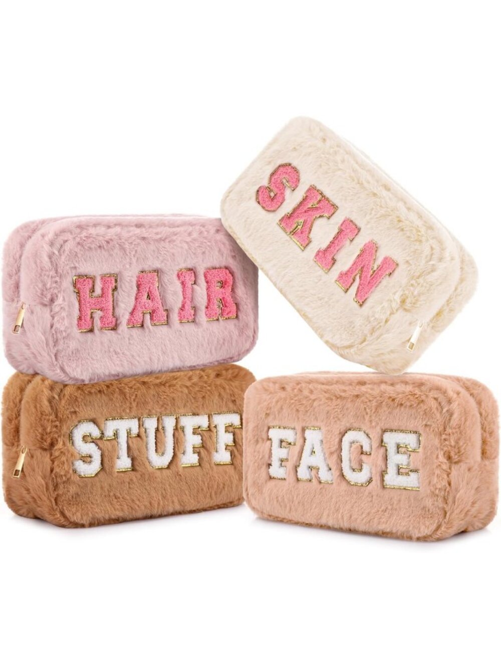 4-Piece Preppy Makeup Bag Set - Chenille Faux Fur Toiletry Pouches for Travel